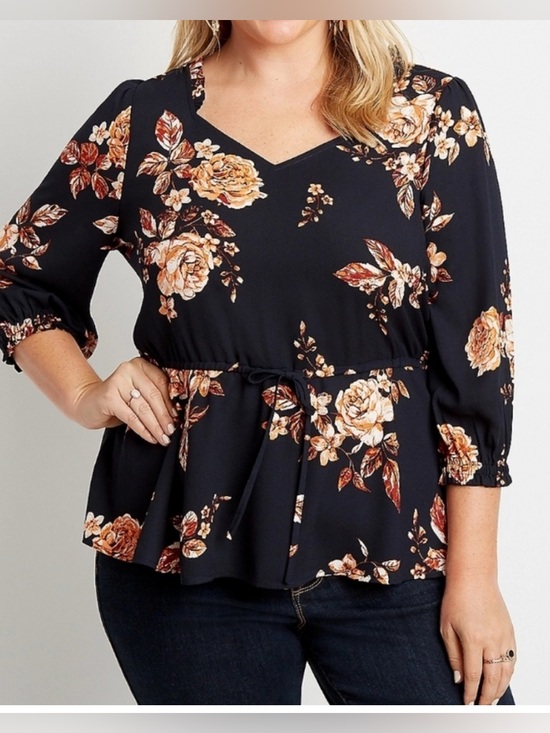 Maurices Tops - Maurices Blue Floral Peasant Top XXL Cinched Waist Ruffle Neck Boho Blouse